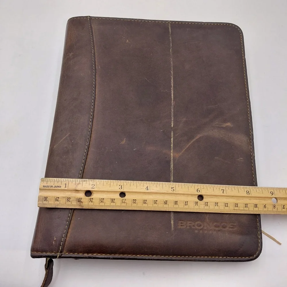 BRONCOS Franklin Covey Brown Leather Zip Planner 7 Ring Binder Vtg 11